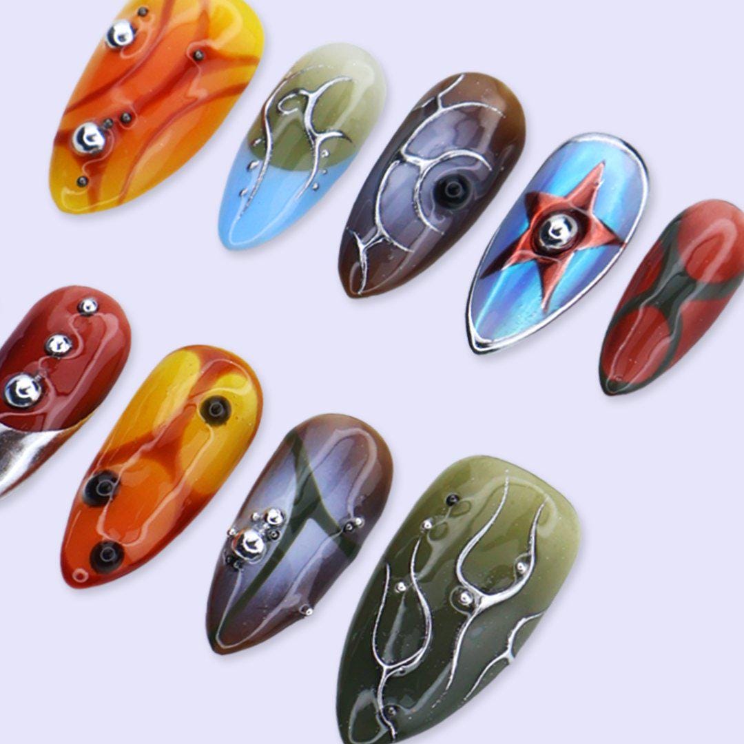Y2K Press On Nails with Chrome Star, Abstract Aura Art | Medium Almond Fake Nails | Handmade Nails Art for Festival, Streetwear, Party Looks