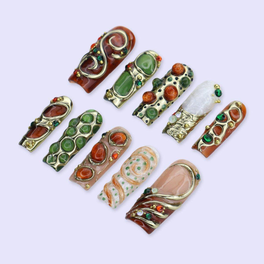 Maximal Press On Nails with Gold Chrome, 3D Bubble Art & Jewel Details | Long Square Fake Nails | Handmade Nail Art for Party, Luxury Looks