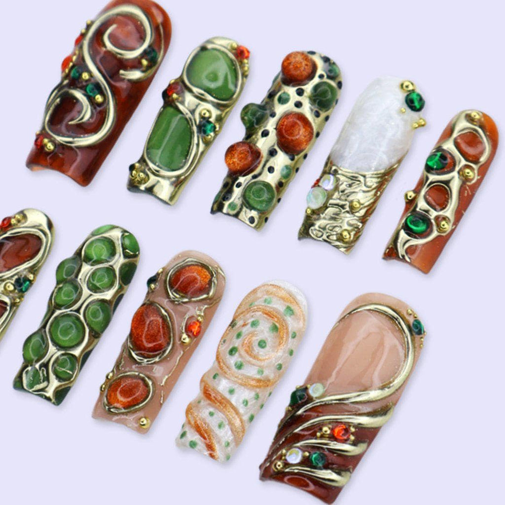 Maximal Press On Nails with Gold Chrome, 3D Bubble Art & Jewel Details | Long Square Fake Nails | Handmade Nail Art for Party, Luxury Looks