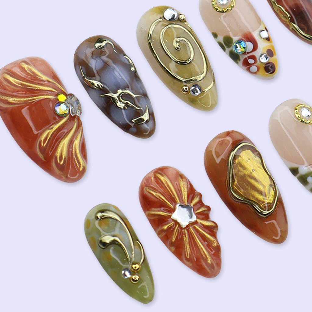 Abstract Earth Tone Press On Nails with Gold Chrome & Aura Marble | Medium Almond Fake Nails | Handmade Nails for Fall, Everyday Wear