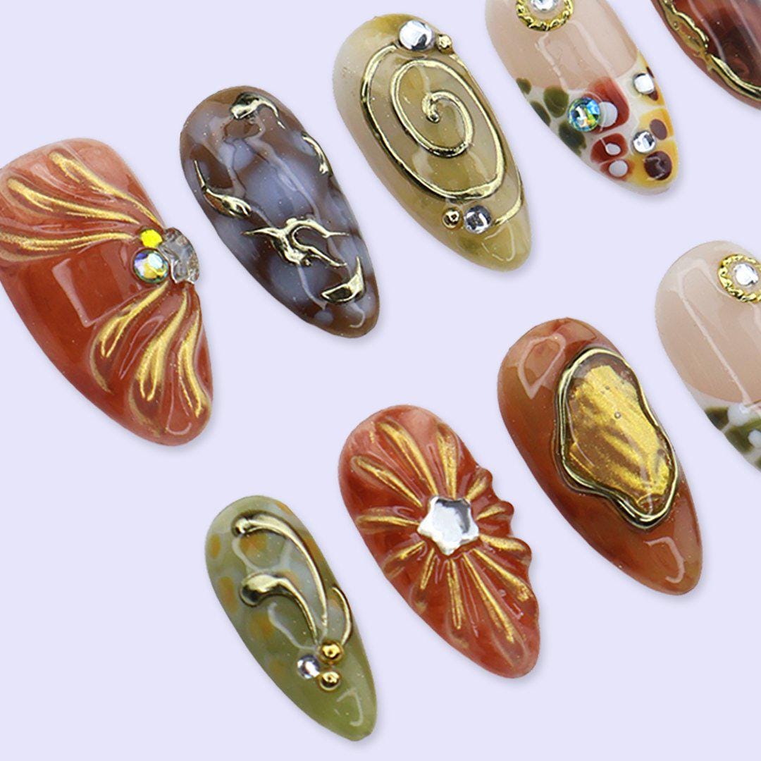 Abstract Earth Tone Press On Nails with Gold Chrome & Aura Marble | Medium Almond Fake Nails | Handmade Nails for Fall, Everyday Wear