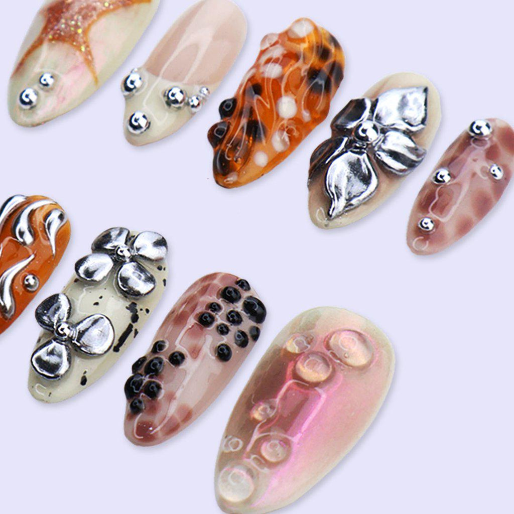 Free Style Chrome Flower Press On Nails with Aura Marble & 3D Details | Medium Almond Fake Nails | Handmade Nails for Trendy Everyday Wear