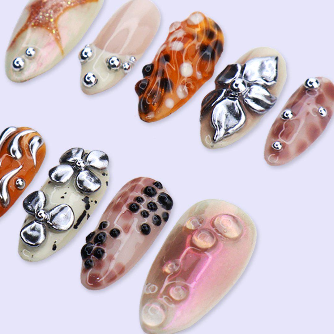 Free Style Chrome Flower Press On Nails with Aura Marble & 3D Details | Medium Almond Fake Nails | Handmade Nails for Trendy Everyday Wear