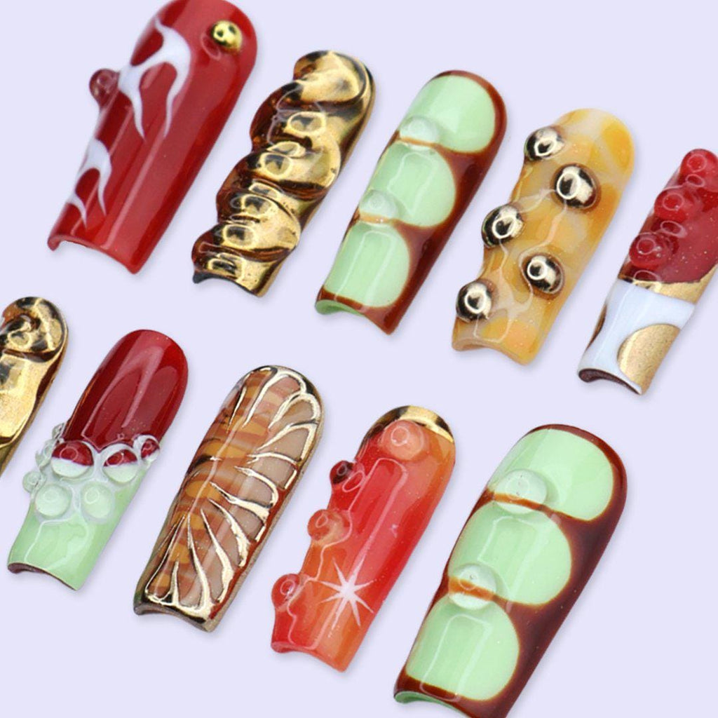 Y2K Press On Nails with Gold Chrome & Retro Colorblock Design | Long Square Fake Nails | Handmade Nails Art for Festival, Streetwear Looks