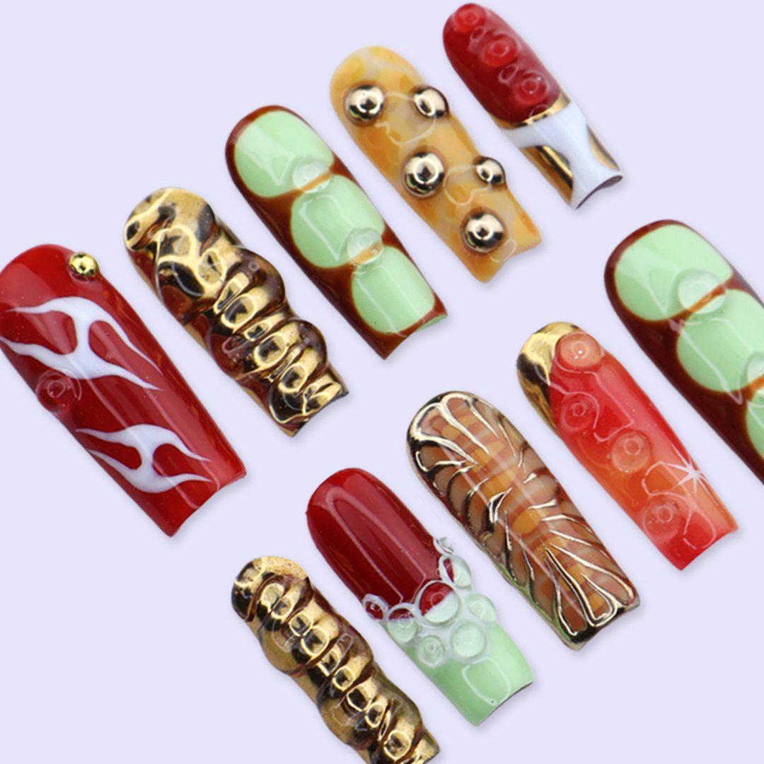 Y2K Press On Nails with Gold Chrome & Retro Colorblock Design | Long Square Fake Nails | Handmade Nails Art for Festival, Streetwear Looks