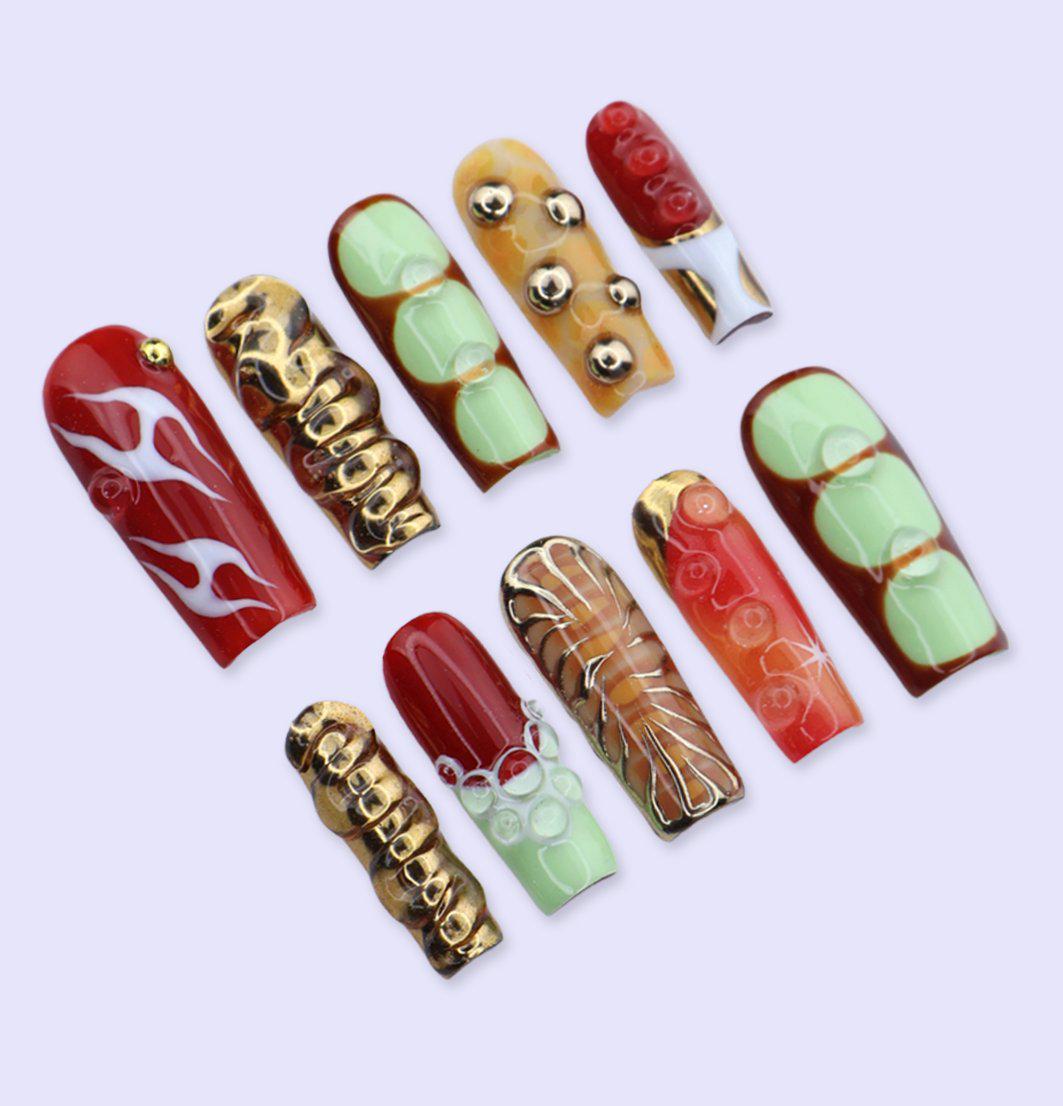 Y2K Press On Nails with Gold Chrome & Retro Colorblock Design | Long Square Fake Nails | Handmade Nails Art for Festival, Streetwear Looks