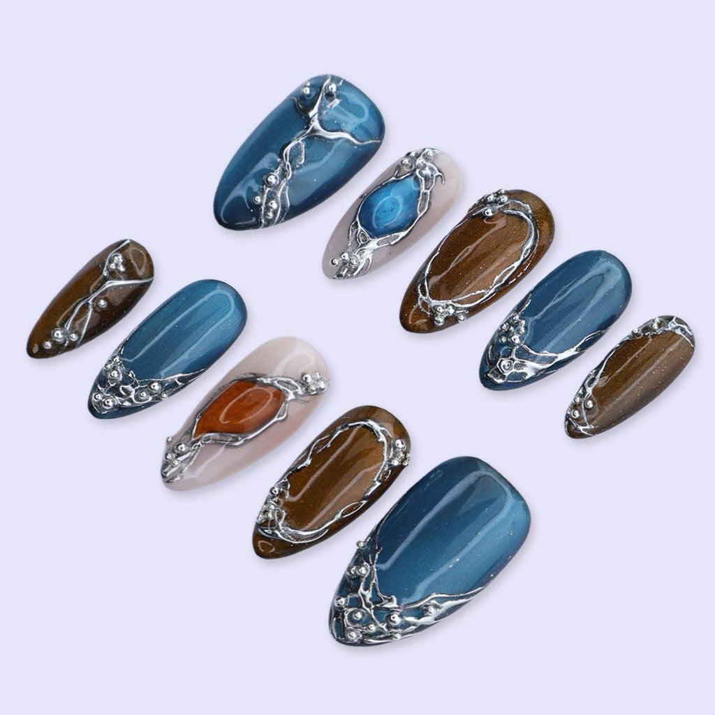 Y2K Press On Nails with Silver Chrome, Cat Eye Effect | Medium Almond Fake Nails | Handmade Nails Art for Party, Night Out, Streetwear Looks