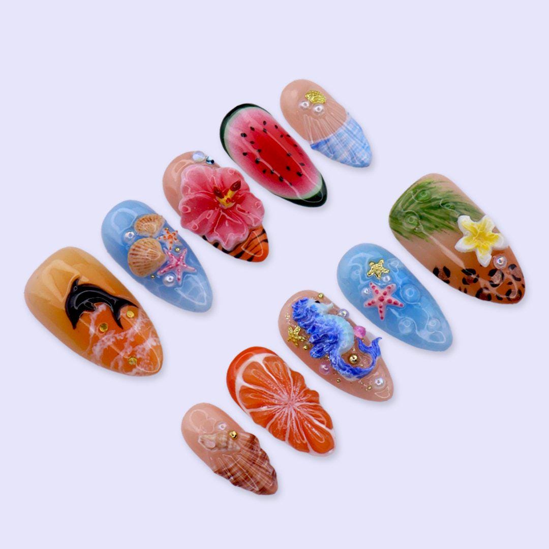 Summer Press On Nails with 3D Hibiscus Flower, Seahorse & Fruit | Medium Almond Fake Nails | Handmade Nail Art for Beach Or Tropical Looks