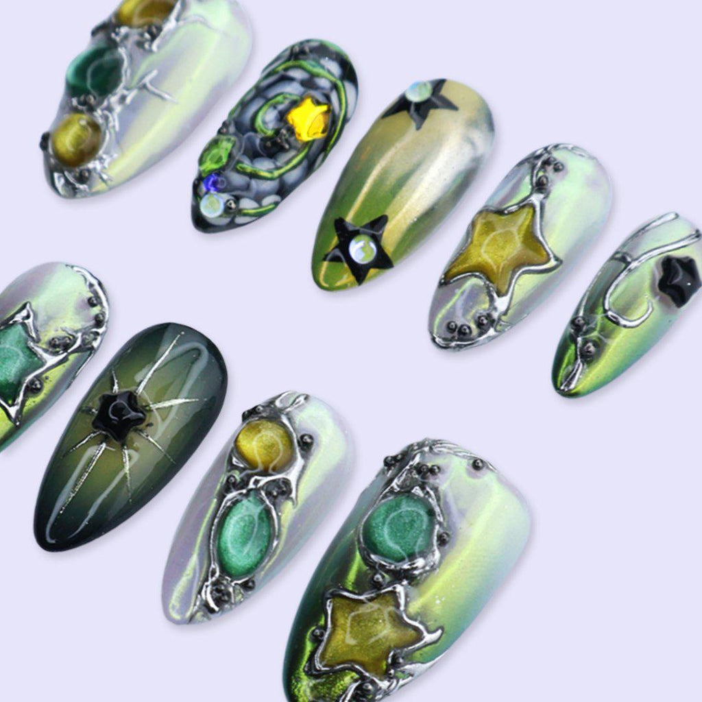 Y2K Press On Nails with Green Chrome, Star Charms | Medium Almond Fake Nails | Handmade Nails Art for Party, Festival & Streetwear Looks