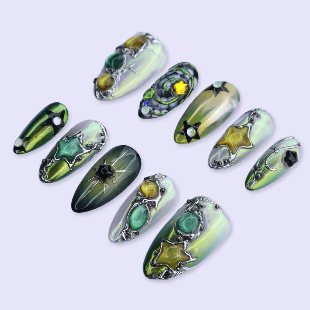 Y2K Press On Nails with Green Chrome, Star Charms | Medium Almond Fake Nails | Handmade Nails Art for Party, Festival & Streetwear Looks