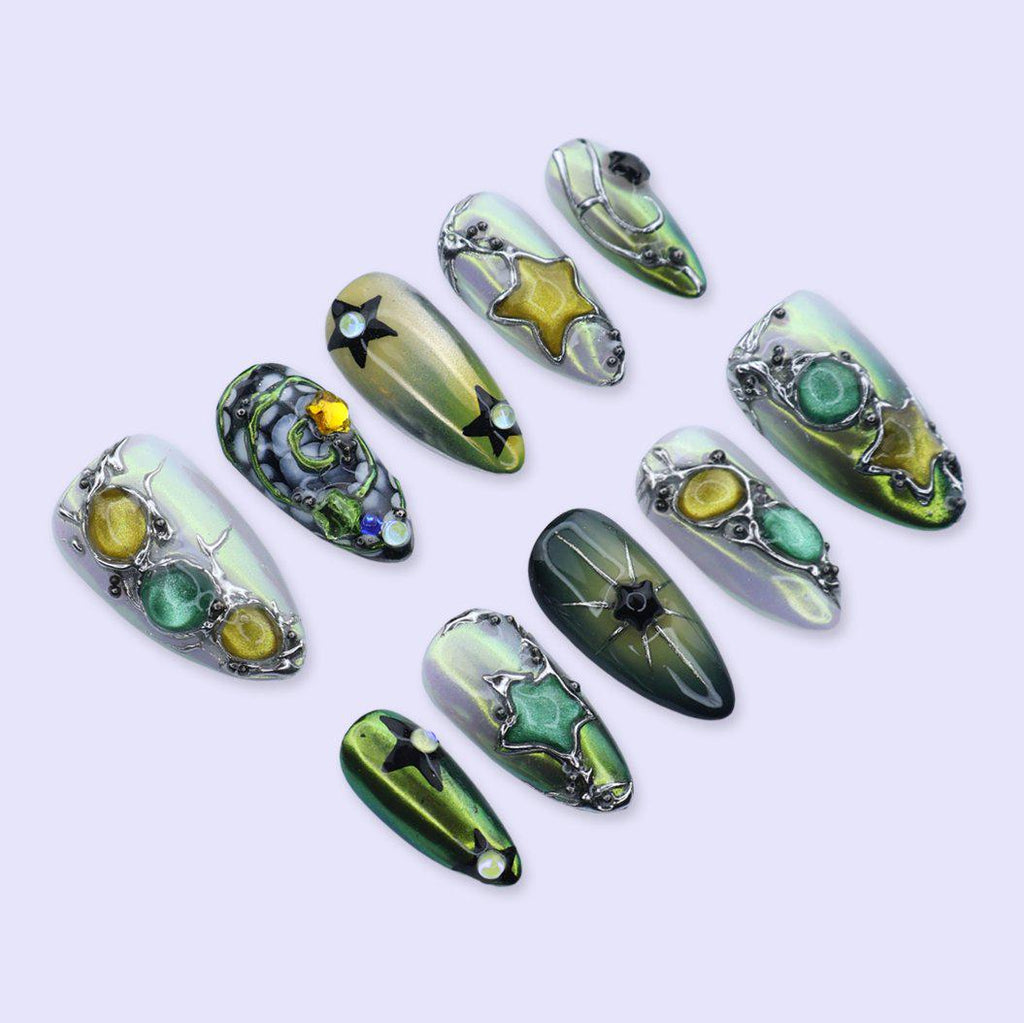 Y2K Press On Nails with Green Chrome, Star Charms | Medium Almond Fake Nails | Handmade Nails Art for Party, Festival & Streetwear Looks