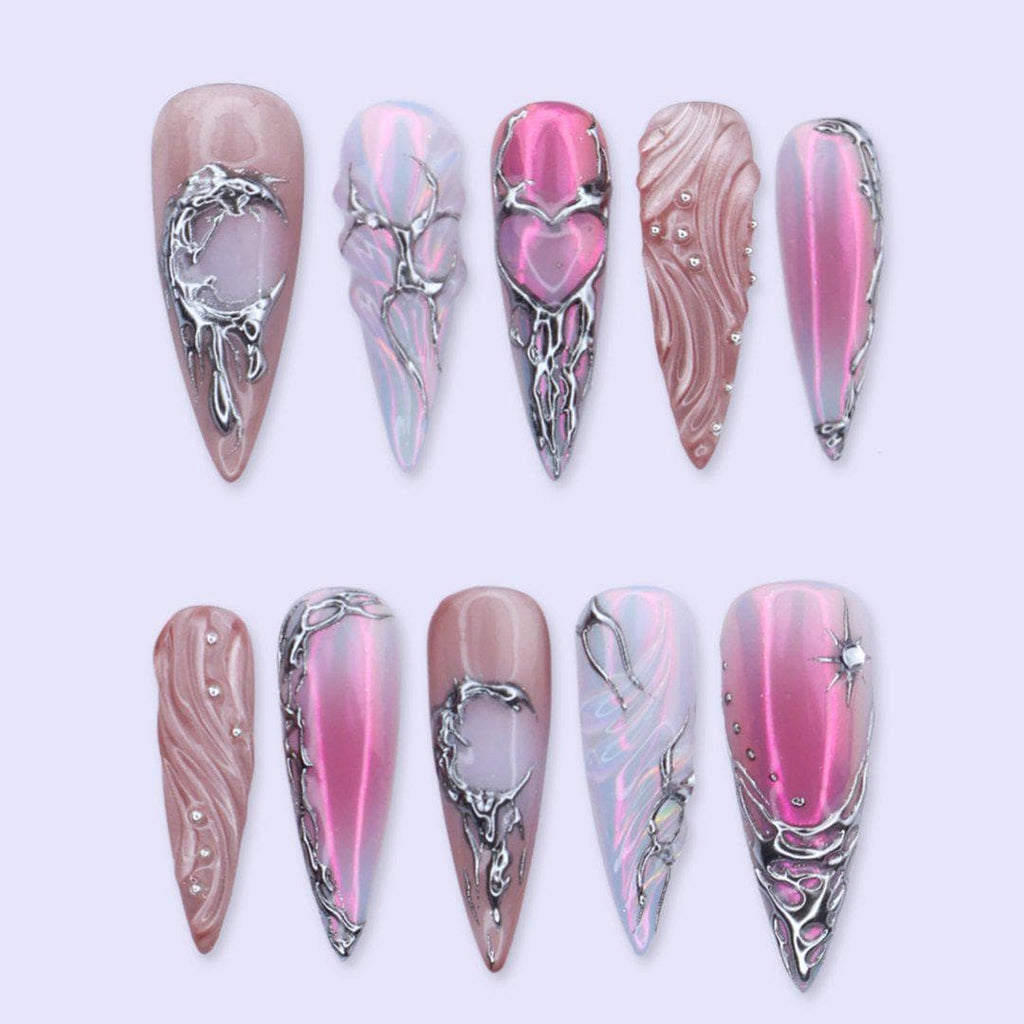 Y2K Press On Nails with Pink, Silver Chrome and 3D Heart | Long Stiletto Fake Nails | Handmade Nails Art for Party, Birthday & Glam Looks