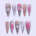 Y2K Press On Nails with Pink, Silver Chrome and 3D Heart | Long Stiletto Fake Nails | Handmade Nails Art for Party, Birthday & Glam Looks