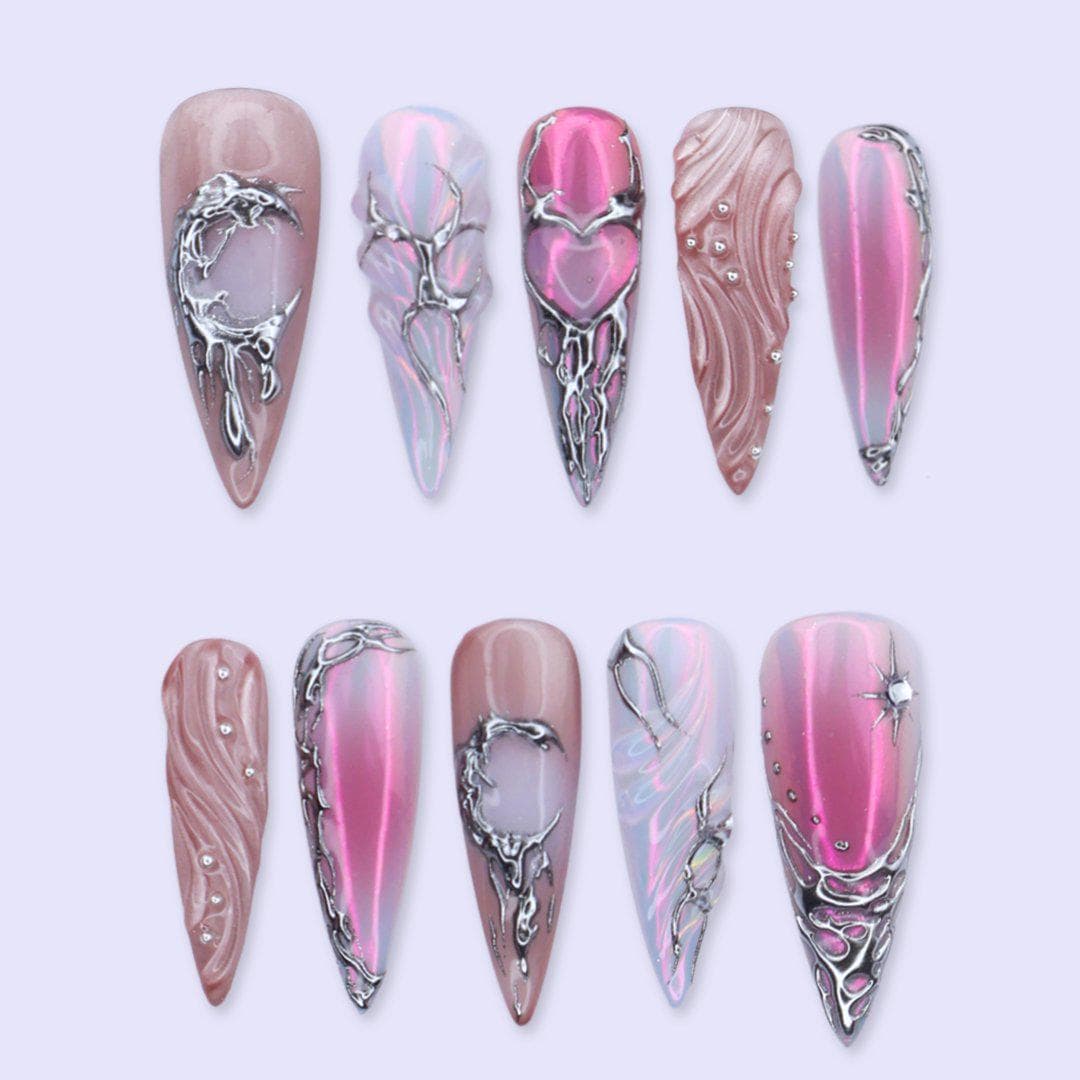 Y2K Press On Nails with Pink, Silver Chrome and 3D Heart | Long Stiletto Fake Nails | Handmade Nails Art for Party, Birthday & Glam Looks