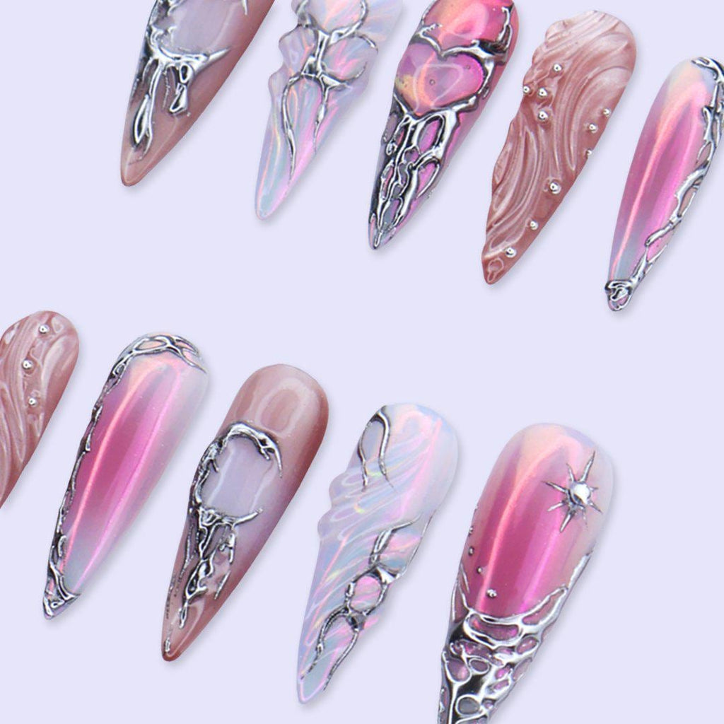 Y2K Press On Nails with Pink, Silver Chrome and 3D Heart | Long Stiletto Fake Nails | Handmade Nails Art for Party, Birthday & Glam Looks