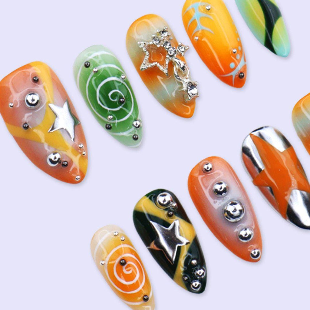 Y2K Press On Nails with 3D Star Charms & Retro Swirl Design | Medium Almond Fake Nails | Handmade Nails Art for Festival, Streetwear Looks