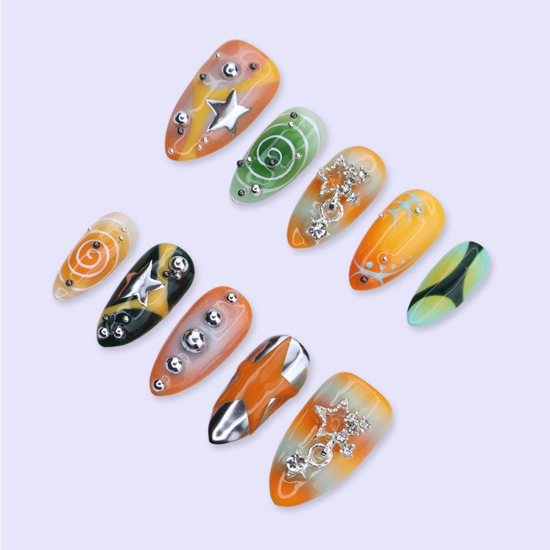 Y2K Press On Nails with 3D Star Charms & Retro Swirl Design | Medium Almond Fake Nails | Handmade Nails Art for Festival, Streetwear Looks