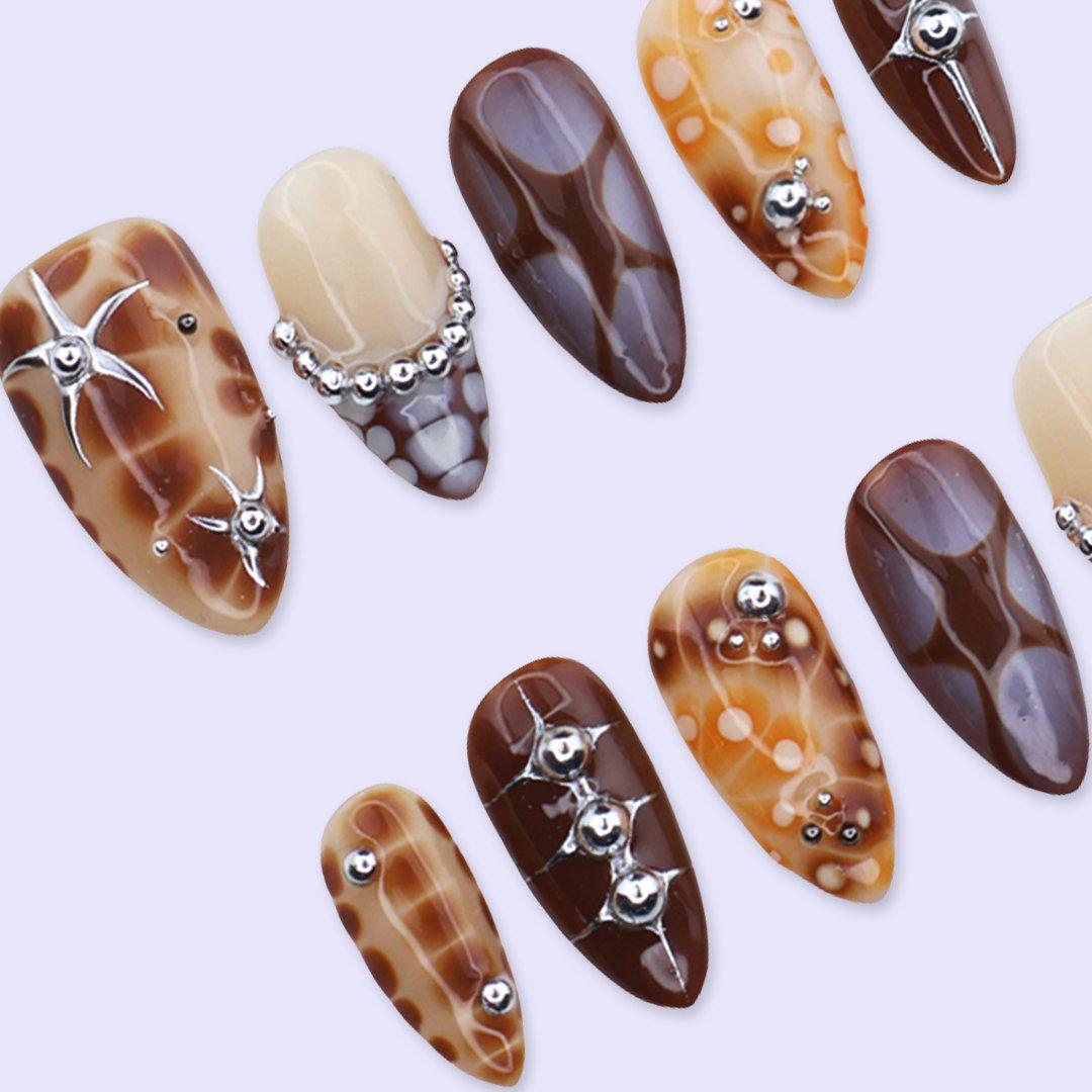 Y2K Press On Nails with Abstract Aura Design, Chrome Studs | Medium Almond Fake Nails | Handmade Nails Art for Fall, Streetwear Looks