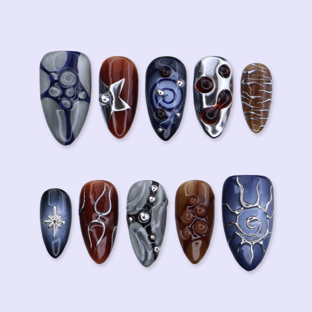 Y2K Press On Nails with Silver Chrome & Metallic Cat Eye Design | Medium Almond Fake Nails | Handmade Nails Art for Party or Night Out Looks