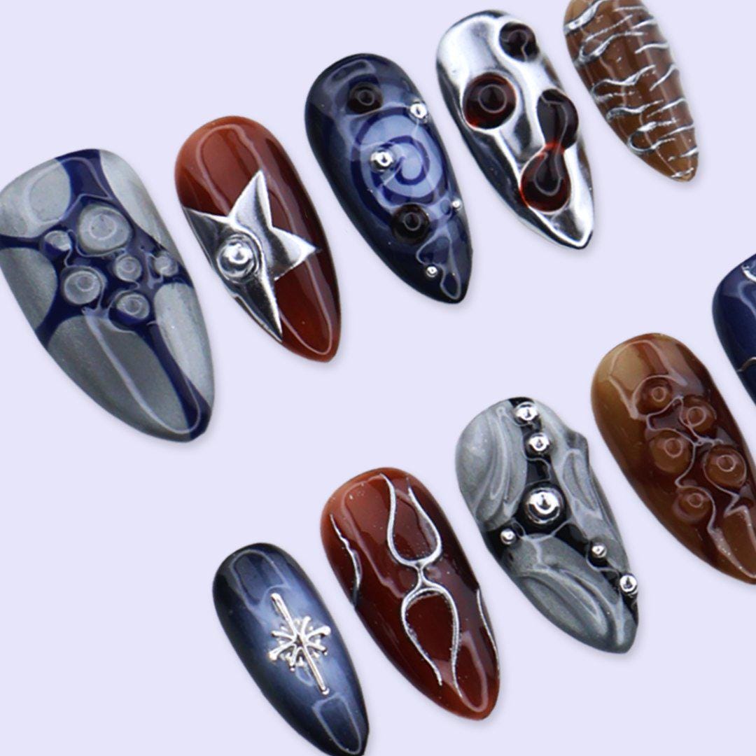 Y2K Press On Nails with Silver Chrome & Metallic Cat Eye Design | Medium Almond Fake Nails | Handmade Nails Art for Party or Night Out Looks
