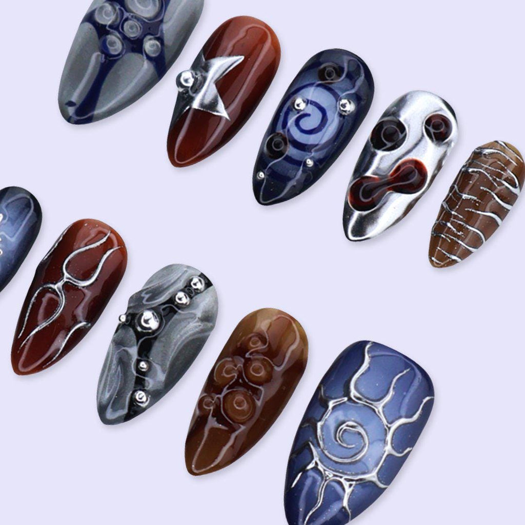 Y2K Press On Nails with Silver Chrome & Metallic Cat Eye Design | Medium Almond Fake Nails | Handmade Nails Art for Party or Night Out Looks