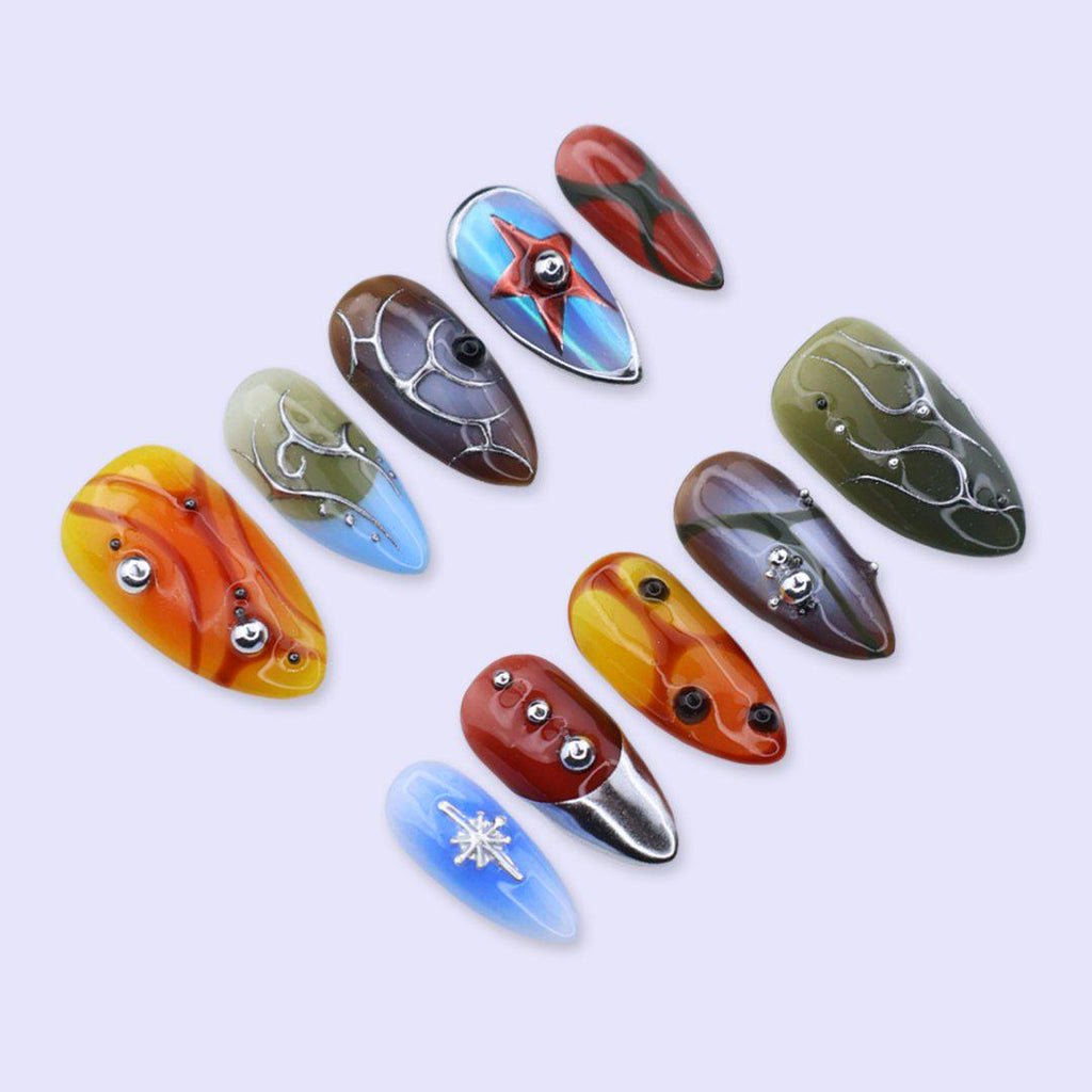 Y2K Press On Nails with Chrome Star, Abstract Aura Art | Medium Almond Fake Nails | Handmade Nails Art for Festival, Streetwear, Party Looks