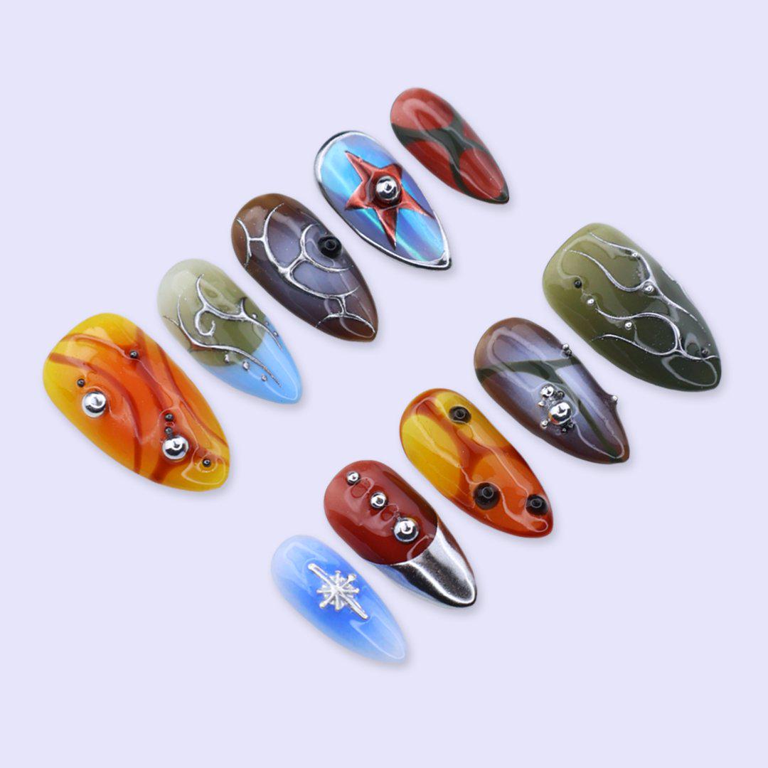 Y2K Press On Nails with Chrome Star, Abstract Aura Art | Medium Almond Fake Nails | Handmade Nails Art for Festival, Streetwear, Party Looks