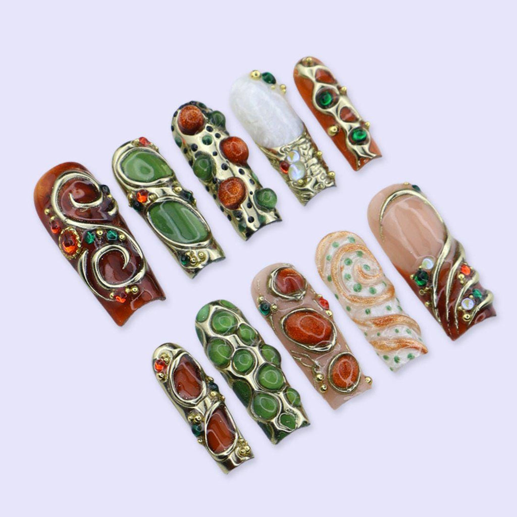 Maximal Press On Nails with Gold Chrome, 3D Bubble Art & Jewel Details | Long Square Fake Nails | Handmade Nail Art for Party, Luxury Looks