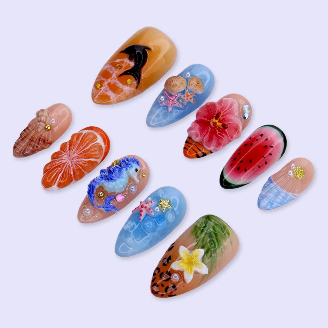 Summer Press On Nails with 3D Hibiscus Flower, Seahorse & Fruit | Medium Almond Fake Nails | Handmade Nail Art for Beach Or Tropical Looks