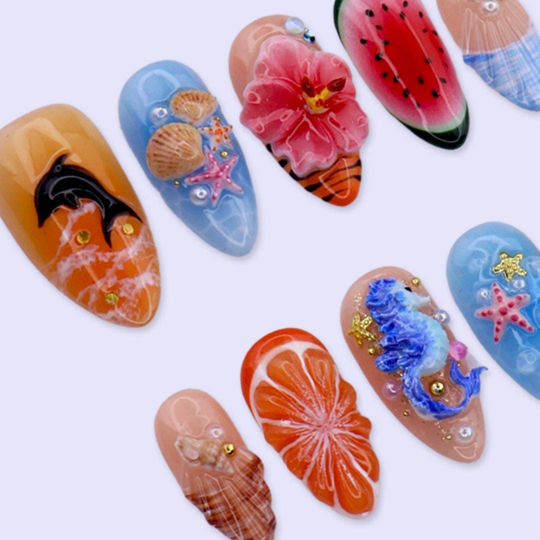 Summer Press On Nails with 3D Hibiscus Flower, Seahorse & Fruit | Medium Almond Fake Nails | Handmade Nail Art for Beach Or Tropical Looks