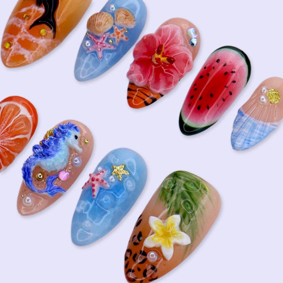 Summer Press On Nails with 3D Hibiscus Flower, Seahorse & Fruit | Medium Almond Fake Nails | Handmade Nail Art for Beach Or Tropical Looks