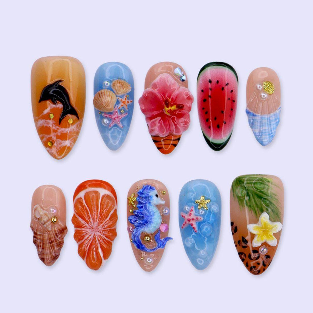 Summer Press On Nails with 3D Hibiscus Flower, Seahorse & Fruit | Medium Almond Fake Nails | Handmade Nail Art for Beach Or Tropical Looks